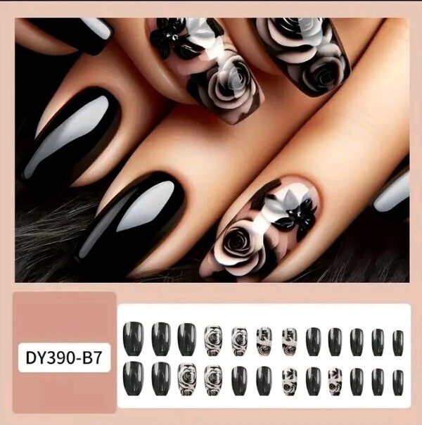 Rose Black Press-Glue On Fingernails Medium Reusable NEW