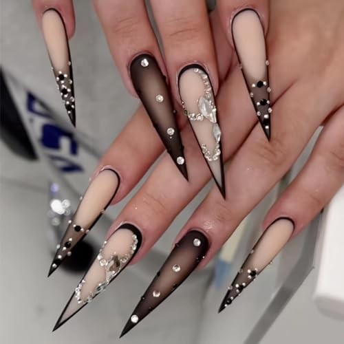 Press on Nails – Long Stiletto Glue on Nails with Goth Black 06103-01-02Black