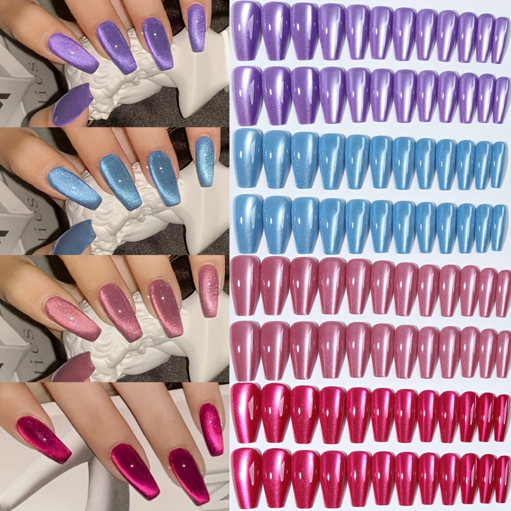 96pcs(4Pack) Long Cat-Eye Press On Nails Reusable Detachable Fashion False Nails
