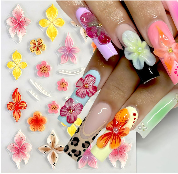 3D Hawaiian Flower Embossed Lily Hibiscus Floral Nail Art Stickers Decor NH29
