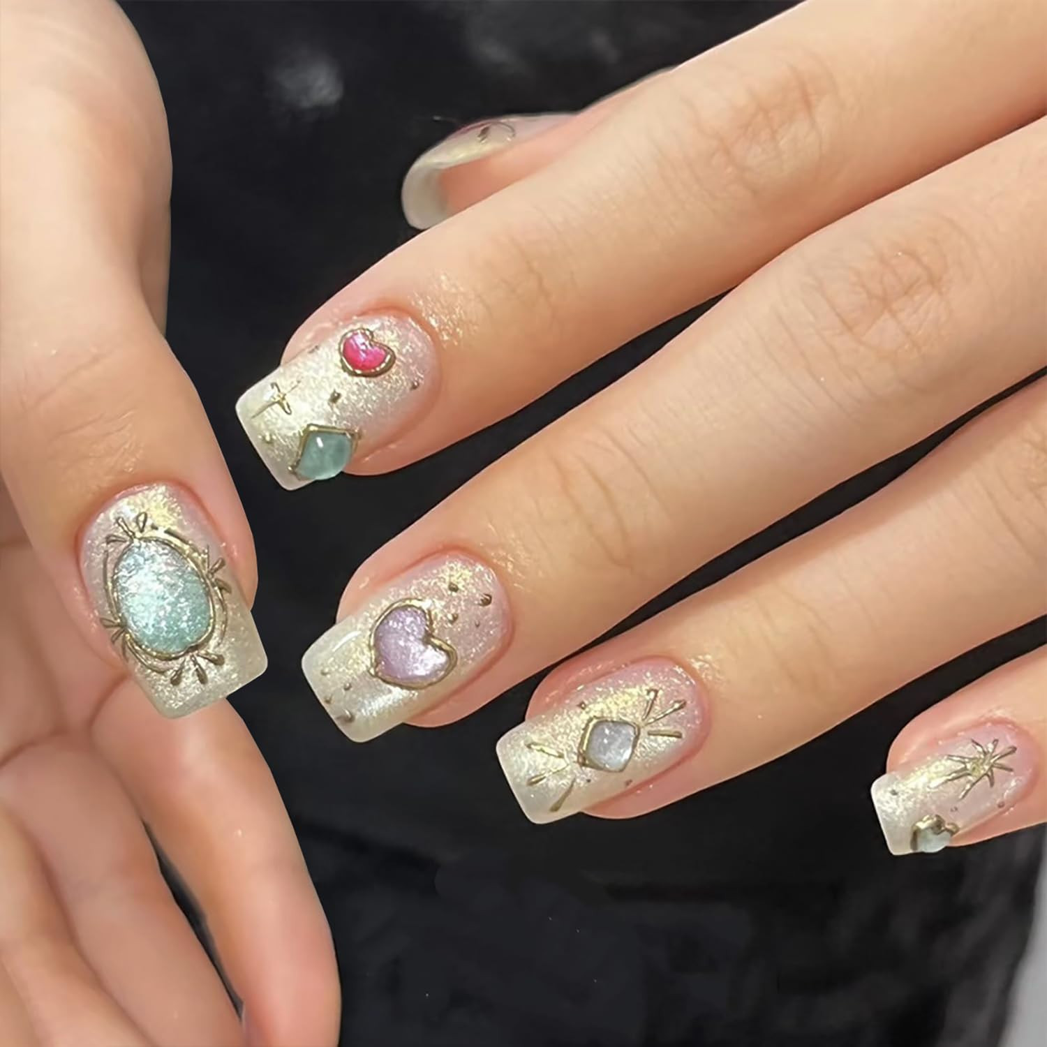 Glitter Press on Nails Medium Length Fake Nails with Glue Heart Gems Nail Charms