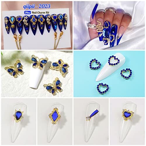 24pcs Blue Luxury Nail Charms +2000pcs Sapphire Rhinestones 3D Big Nail Gems