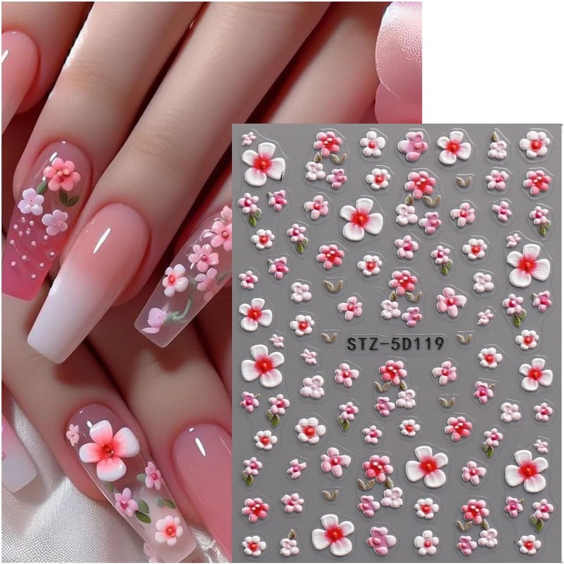 JMEOWIO 3D Embossed Flower Nail Art Stickers Decals Self-Adhesive 5D Colorful