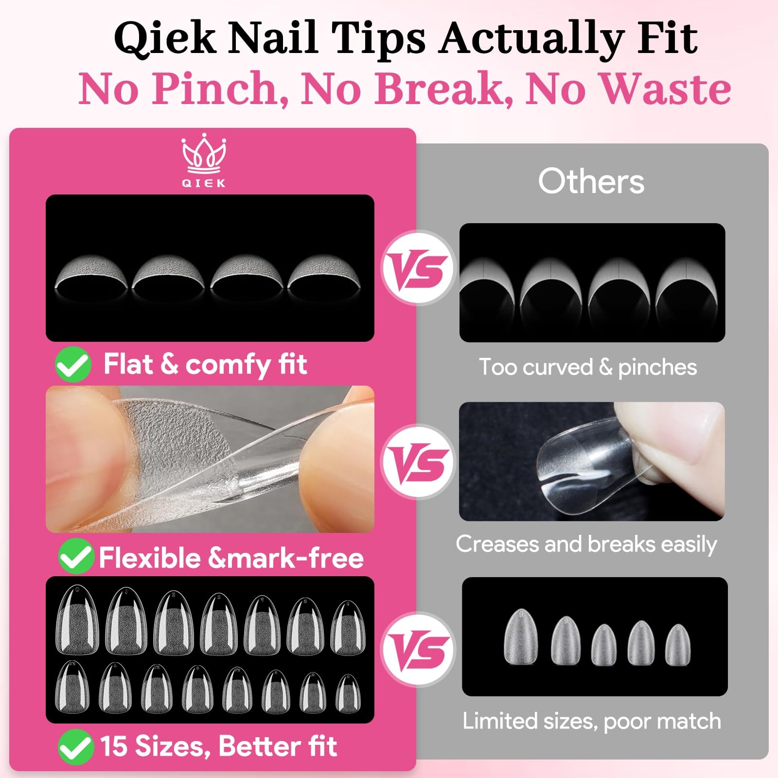 Qiek Short Almond Nail Tips – 15 Sizes 240 PCS Half Various, A-Short