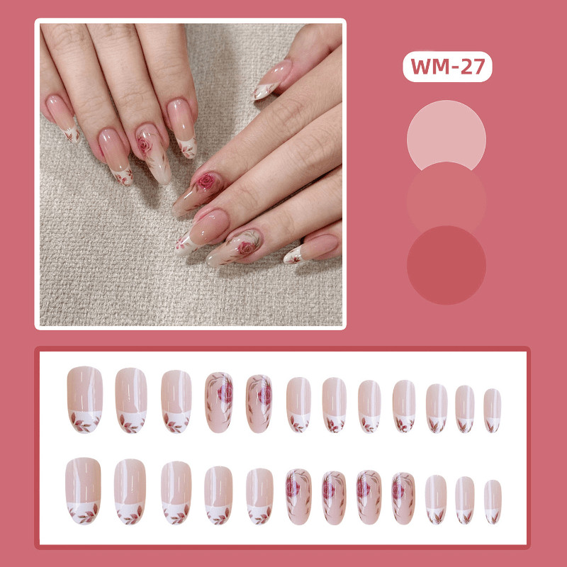 48P Long Almond Press on Nails, Nude Pink French Hand‑Painted Rose Fake Nails