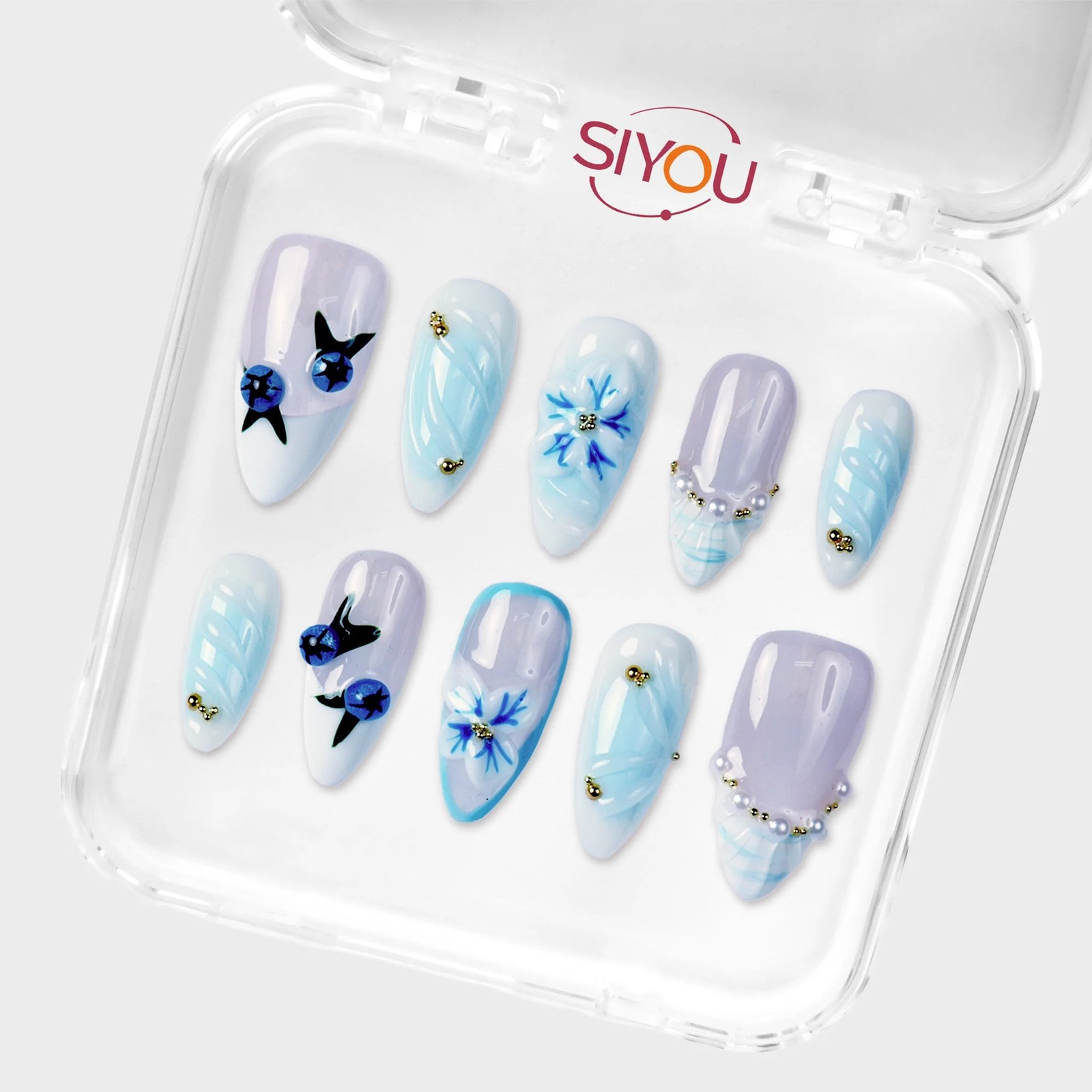 SIYOU Ink & Frost Medium Almond Pearl Press-On Nails 10pc