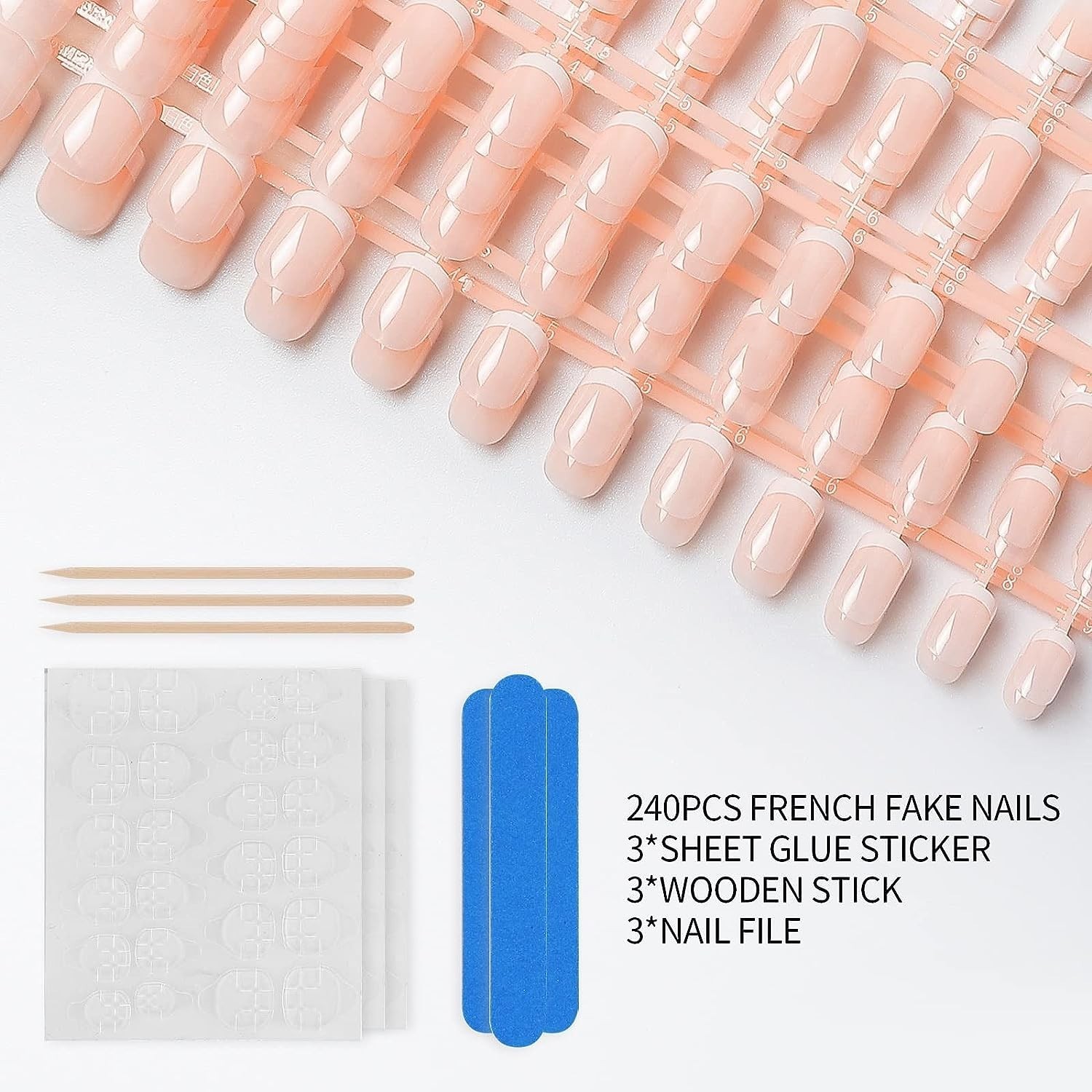 240 Pcs Natural French Short Press-On Acrylic Nails – 12 Sizes Full Cover Set