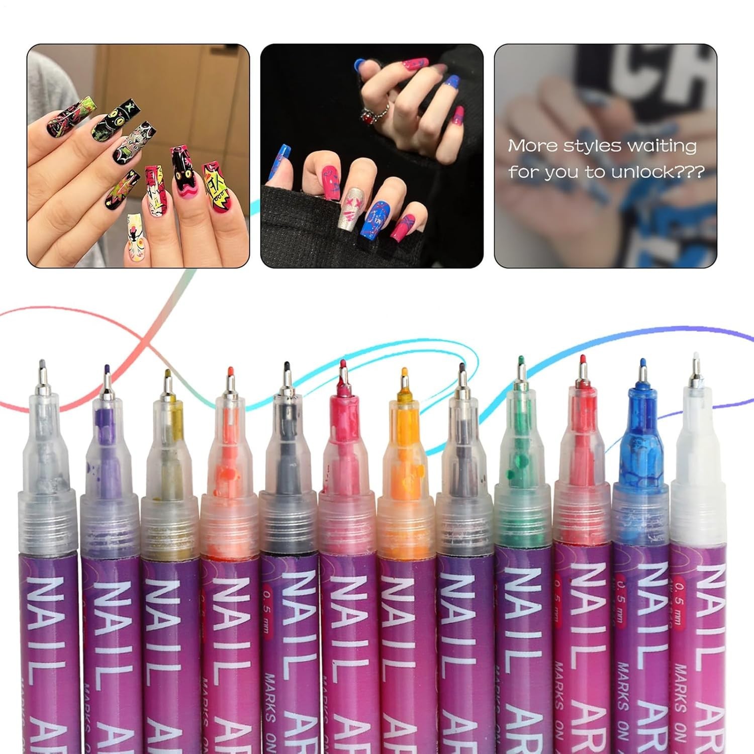Nail Markers, Fingernail Pens with Dotting Tips, Art Marker for Women, 12 Colors