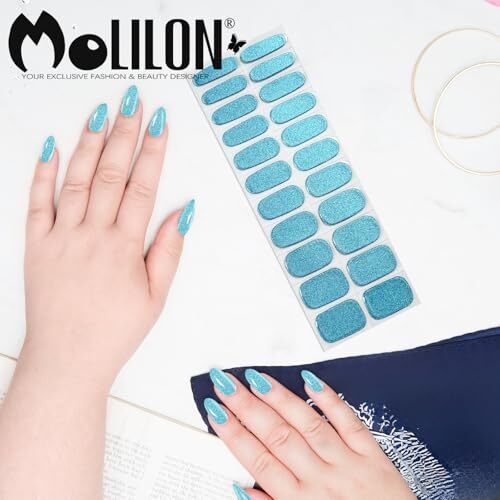 22 PCS Semi Cured Gel Nail Strips (Metallic Laser Blue) – Need UV Light |