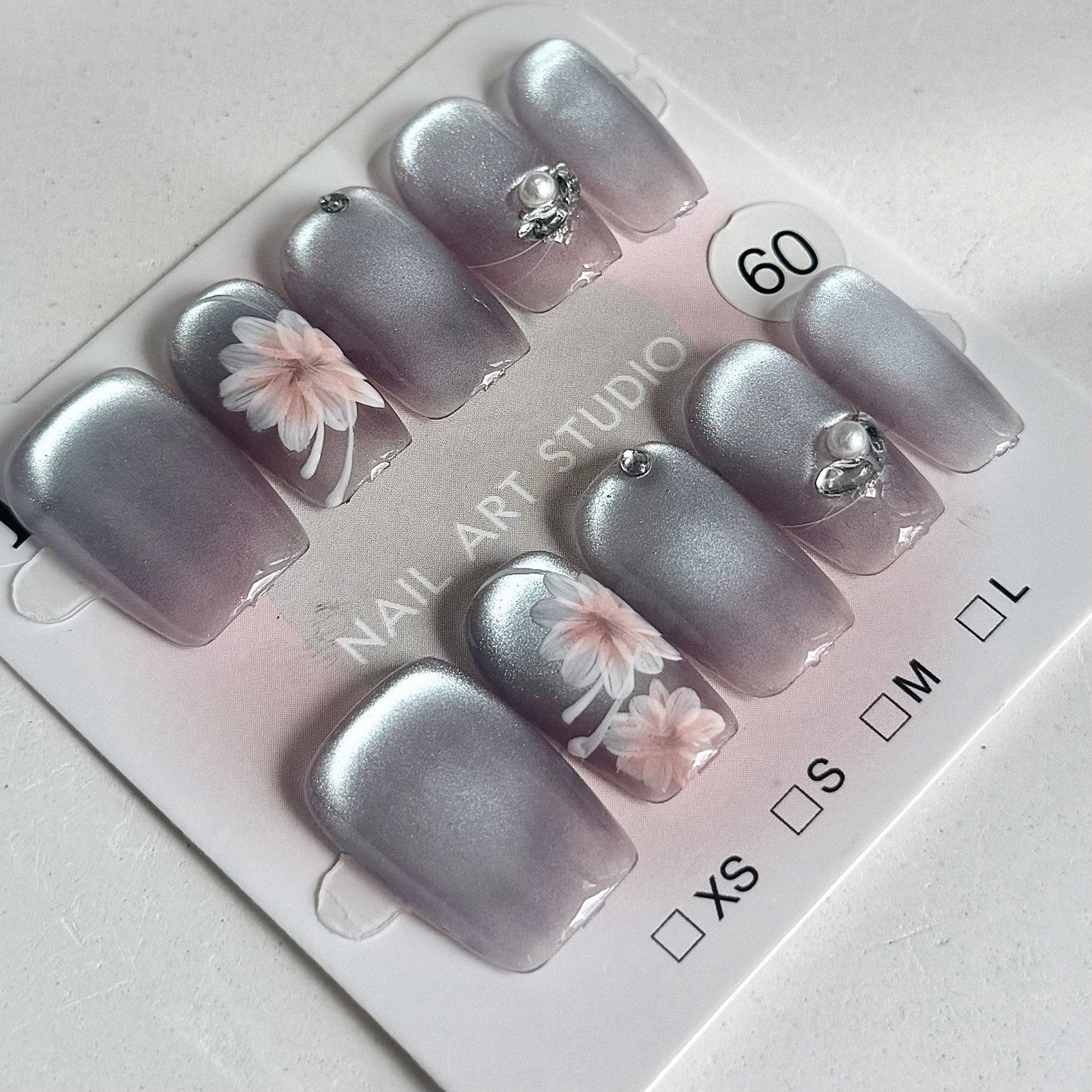 Hand Painted Flower Press-On Nails Medium Square Size L Reusable Fake Nail