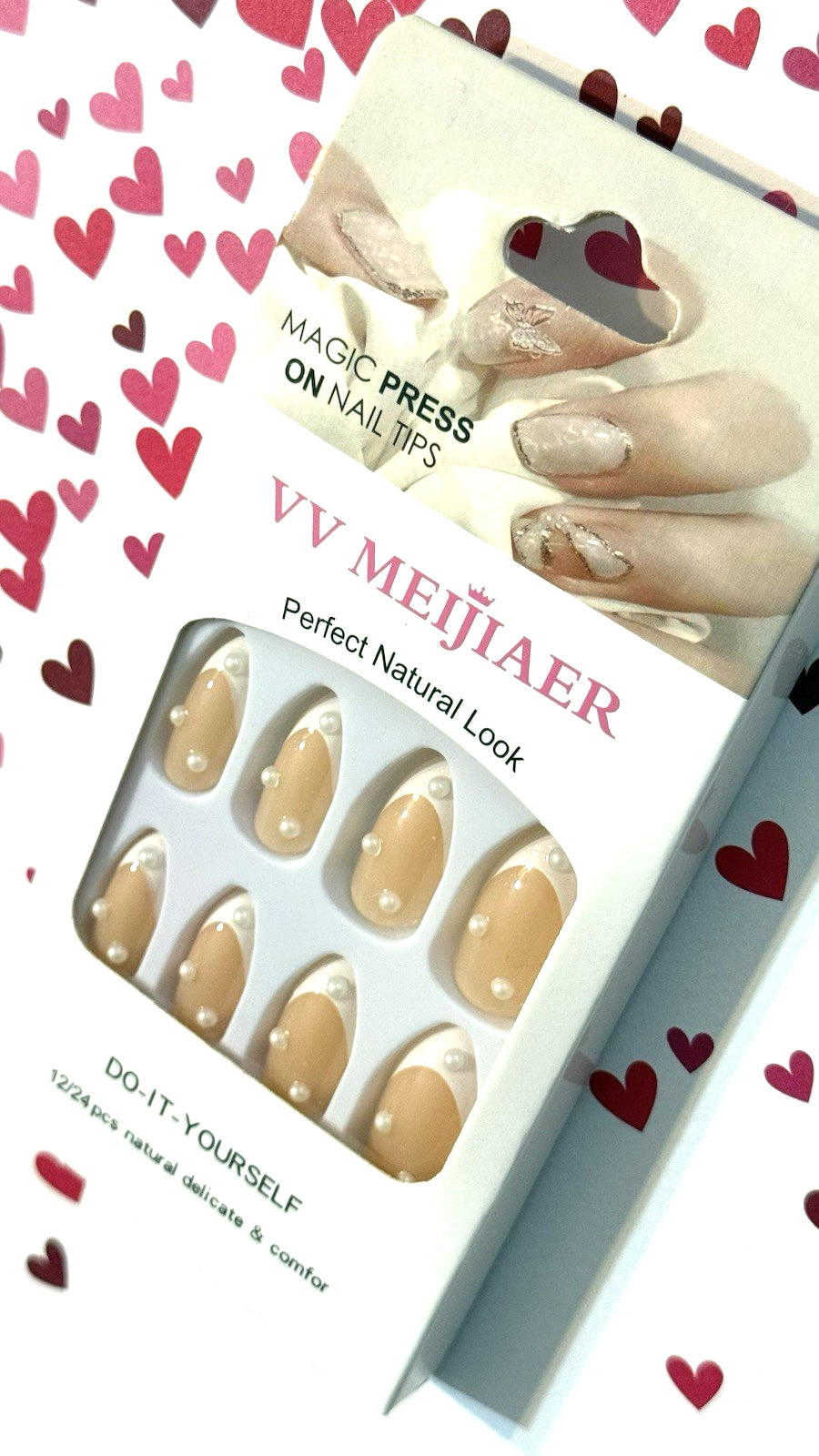 VV Meijiaer Magic Press On Nails Natural Look NUDE with WHITE FRENCH TIP & PEARL