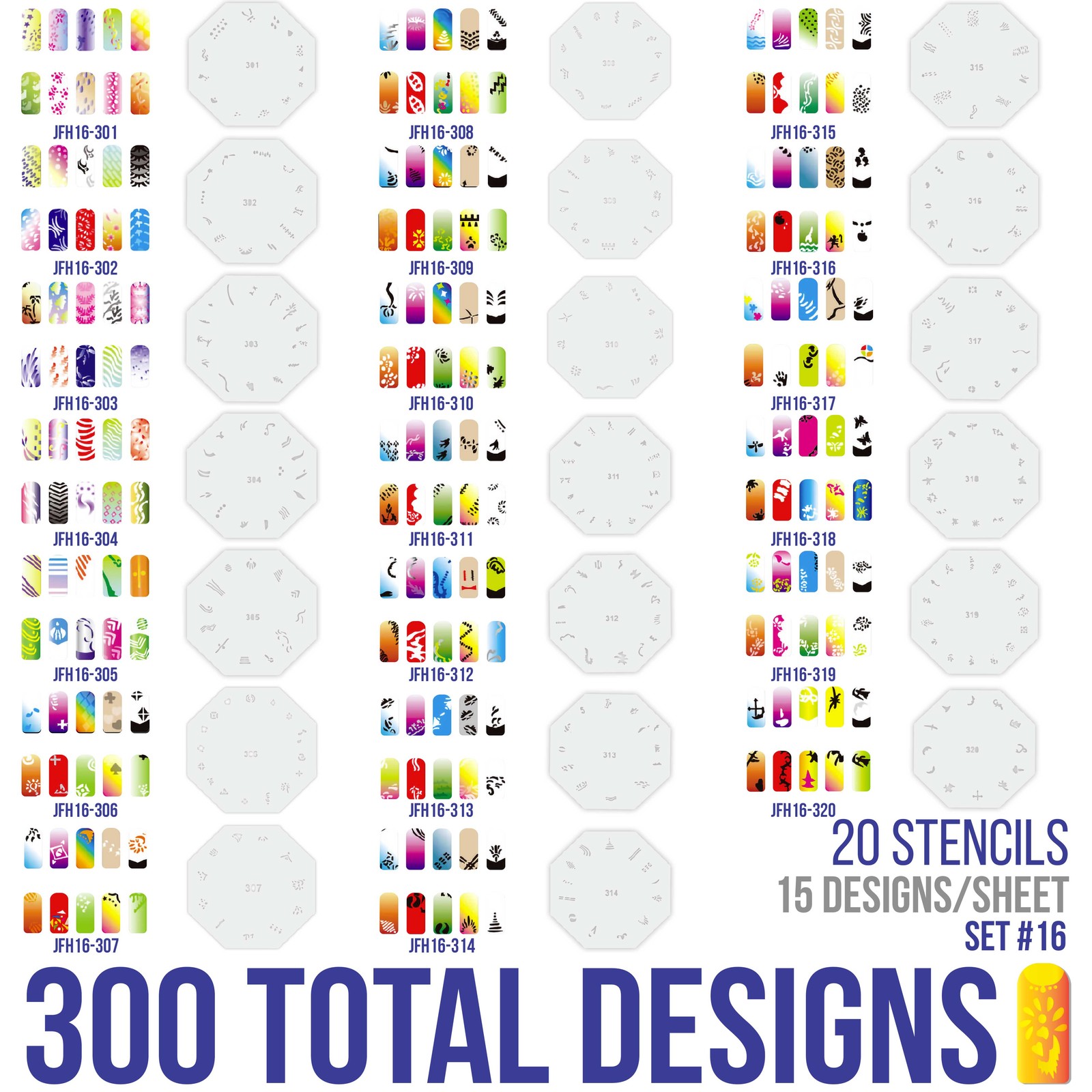 Set 16 260 Airbrush Nail Art STENCIL DESIGNS 20 Circle Template Sheets Kit Paint