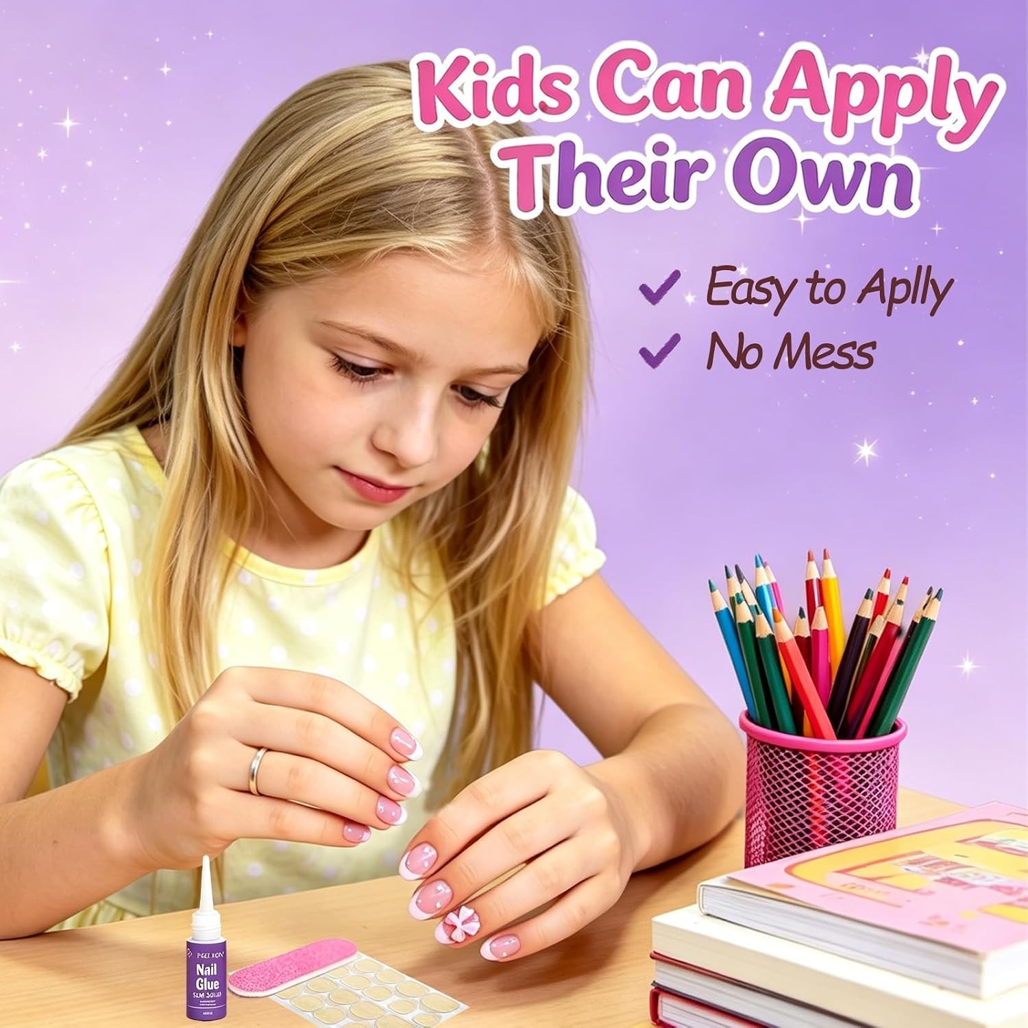 24 Pieces Press on Nails for Kids, Trendy Pearl Bow Kids Press on Nails for 6…