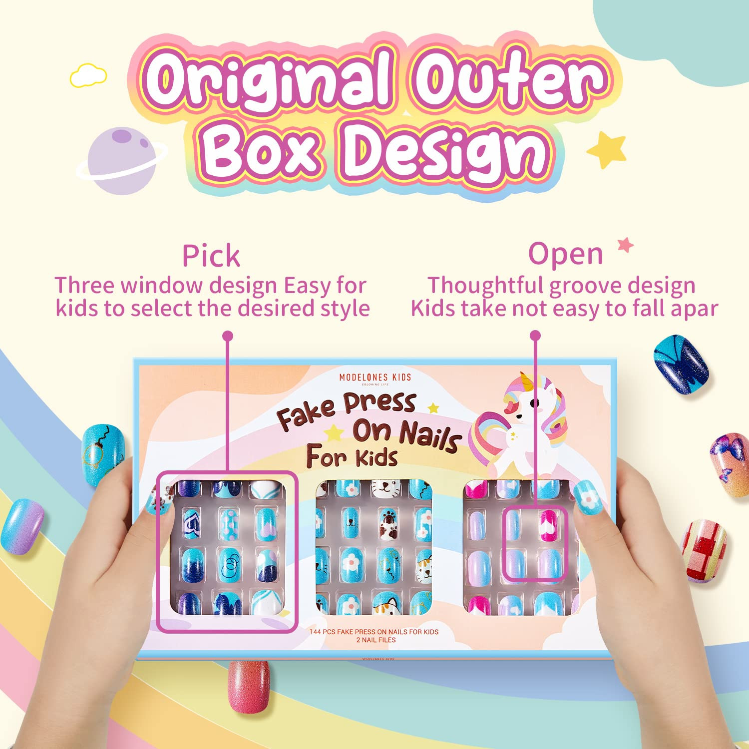 Modelones Press on Nails for Kids 144Pcs 6 Pack Children Acrylic Fake Nails Pre-