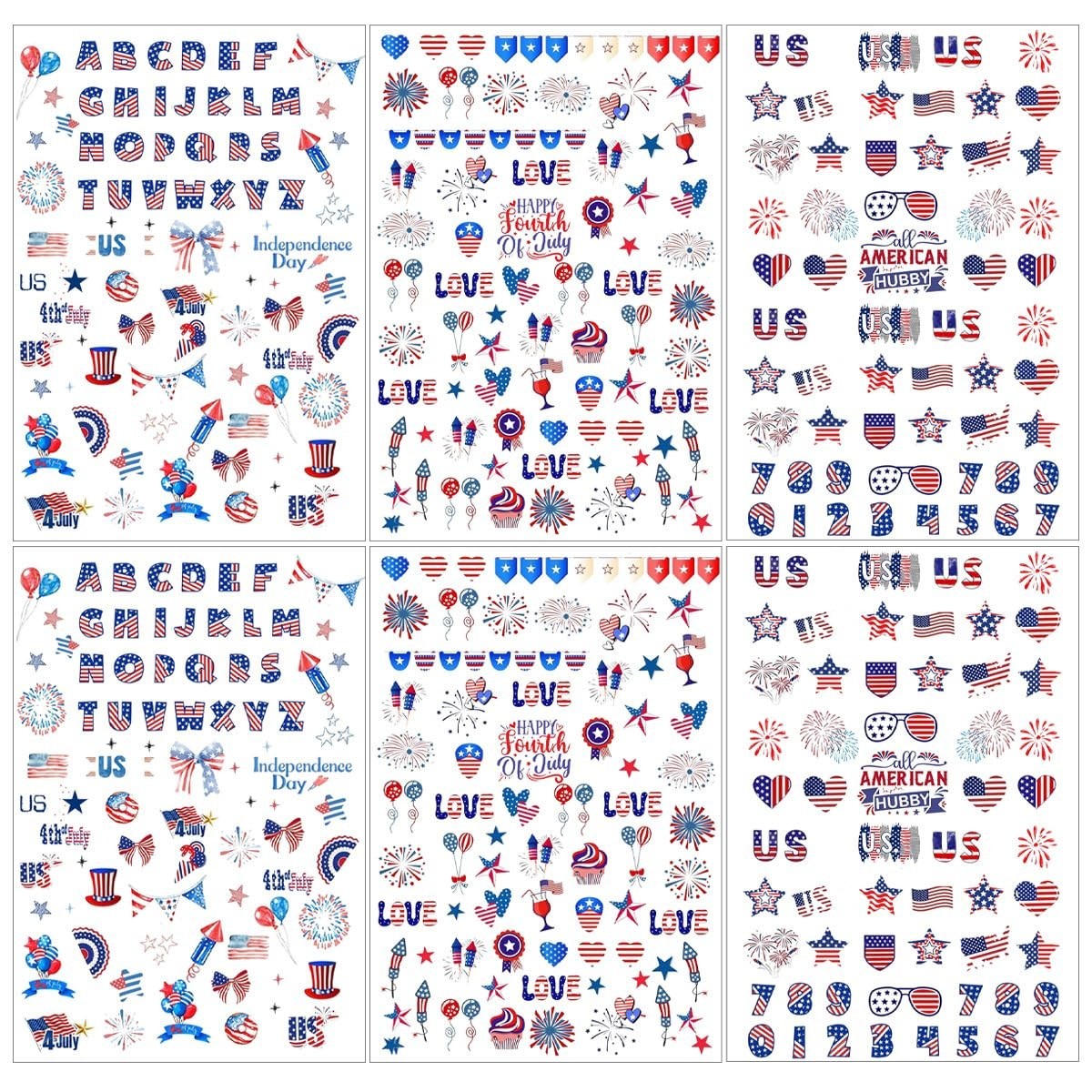 4th of July Nail Stickers – 6 Sheets 3D Self-Adhesive American Flag Decals, Fire