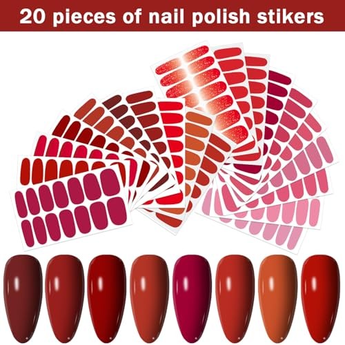 20 Sheets 280 Pcs Red Nail Stickers Full Nail Wraps，Solid Nail Polish Style 4