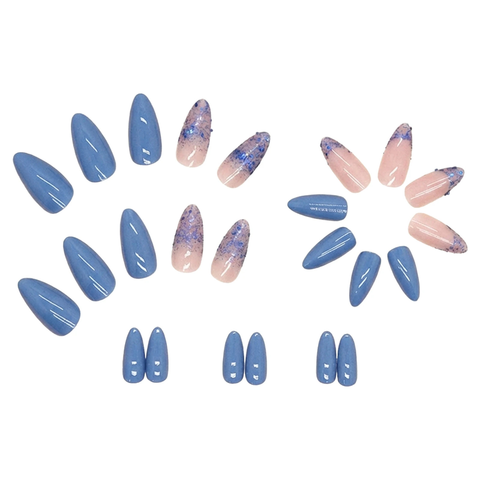 24Pcs Lake Blue Glitter Sequins French Almond Press On Nails