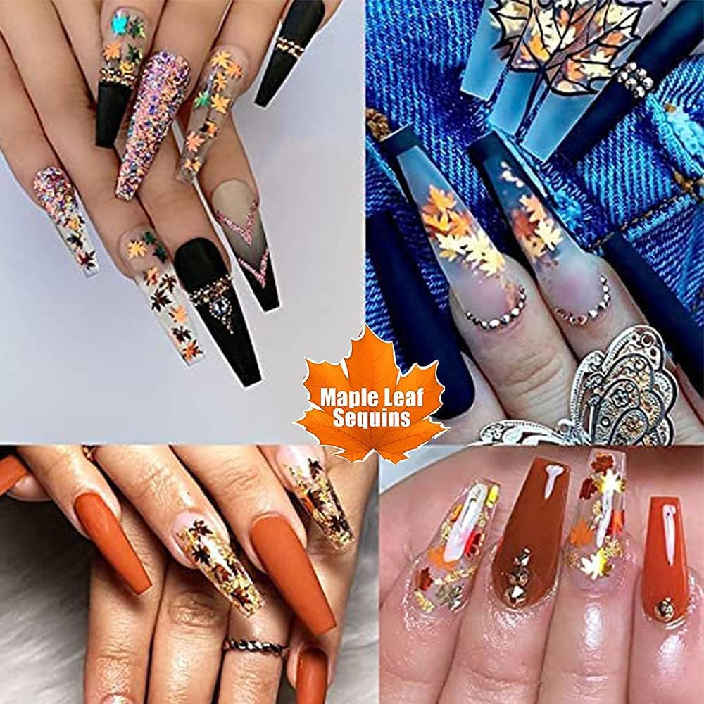 Holographic Glitters Fall Maple Leaf Shaped Nail Art Sequins Flakes 2 Pot, 3D Me