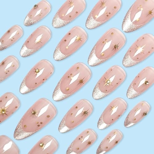 24Pcs Silver Press on Nails Medium Almond Fake Nails Diamond Glitter French Tip