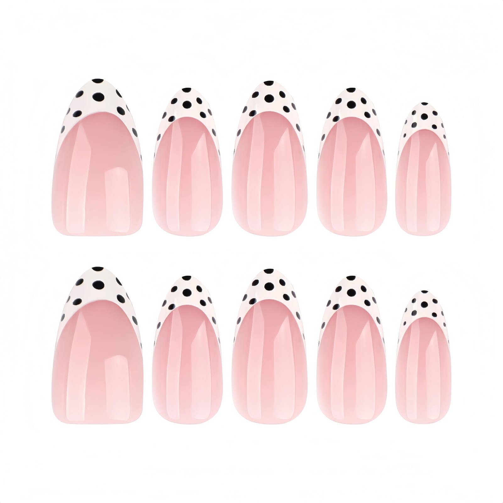 Press On Nails Almond Medium Nude Pink French Tips with Black Polka Dot Desig…