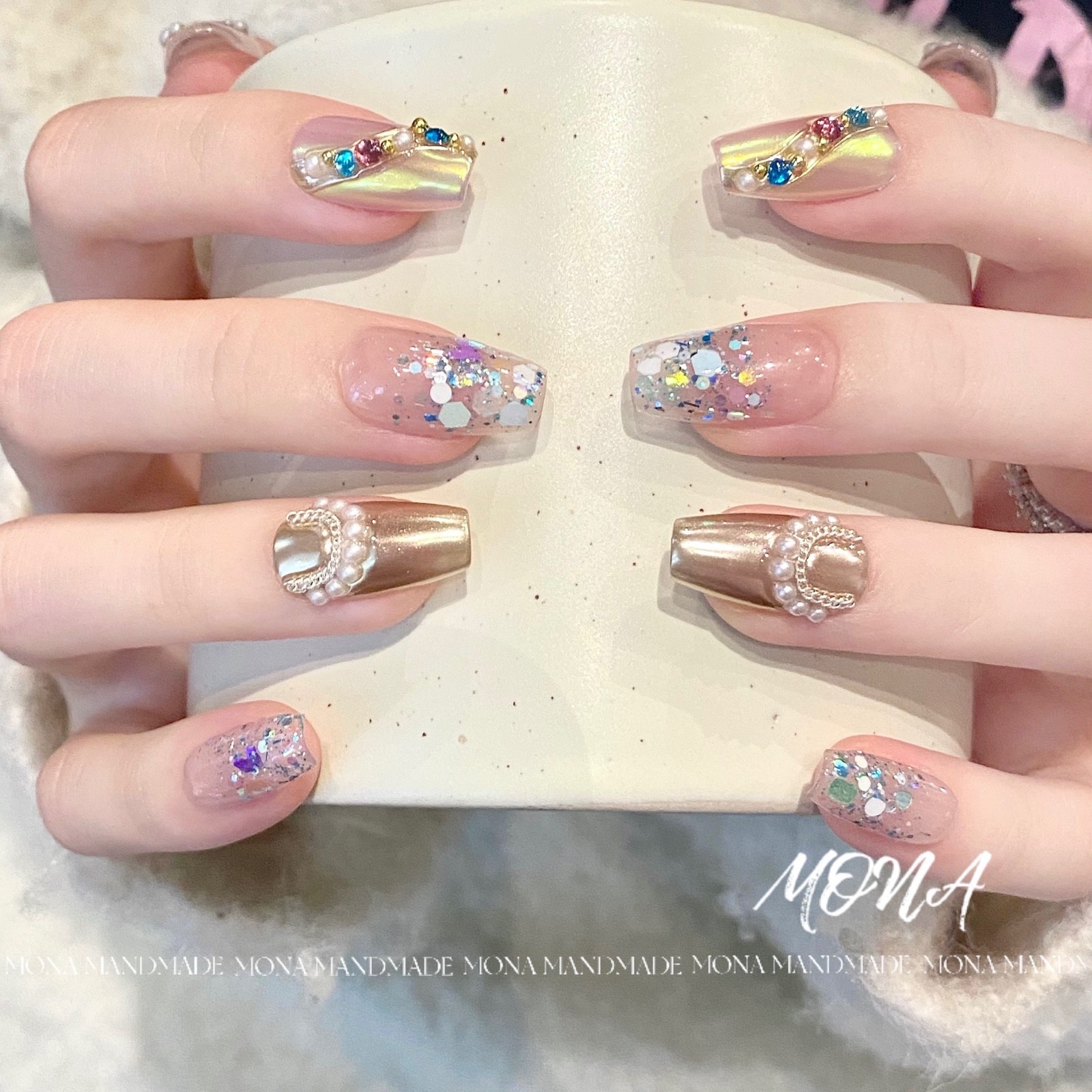 Jewel handmade long press on acrylic nails （small）