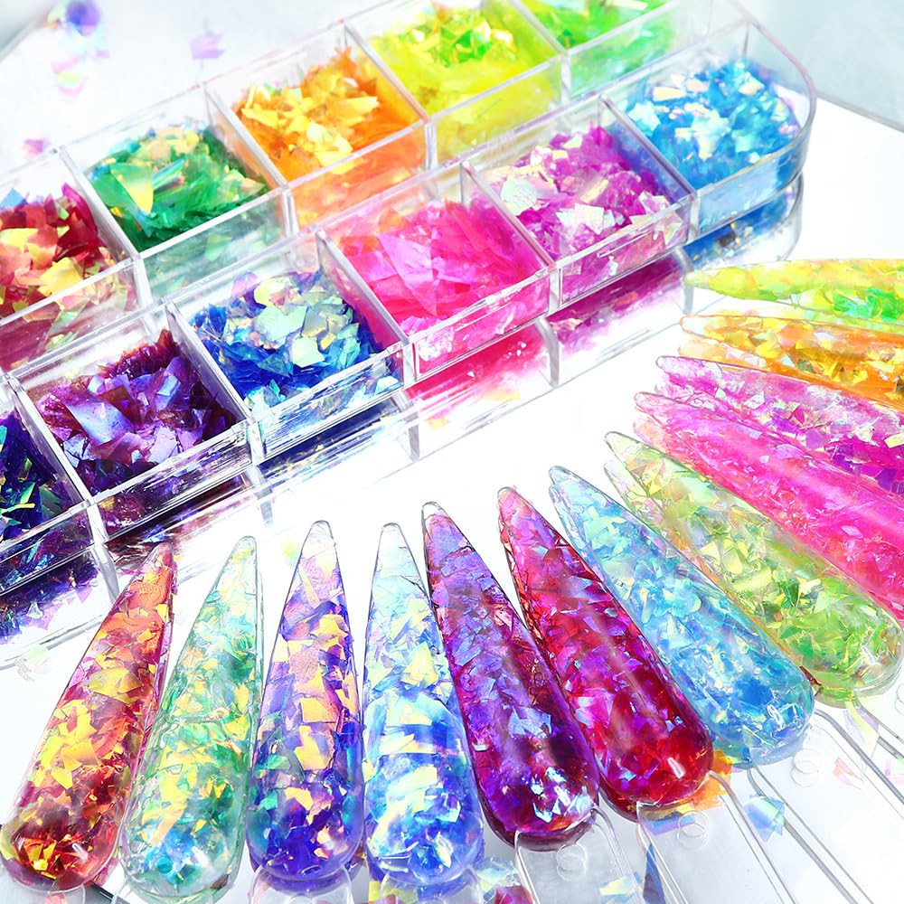 12Grids Holographic Mermaid Colorful Nail Art Glitter,Irregular Rainbow Candy Co