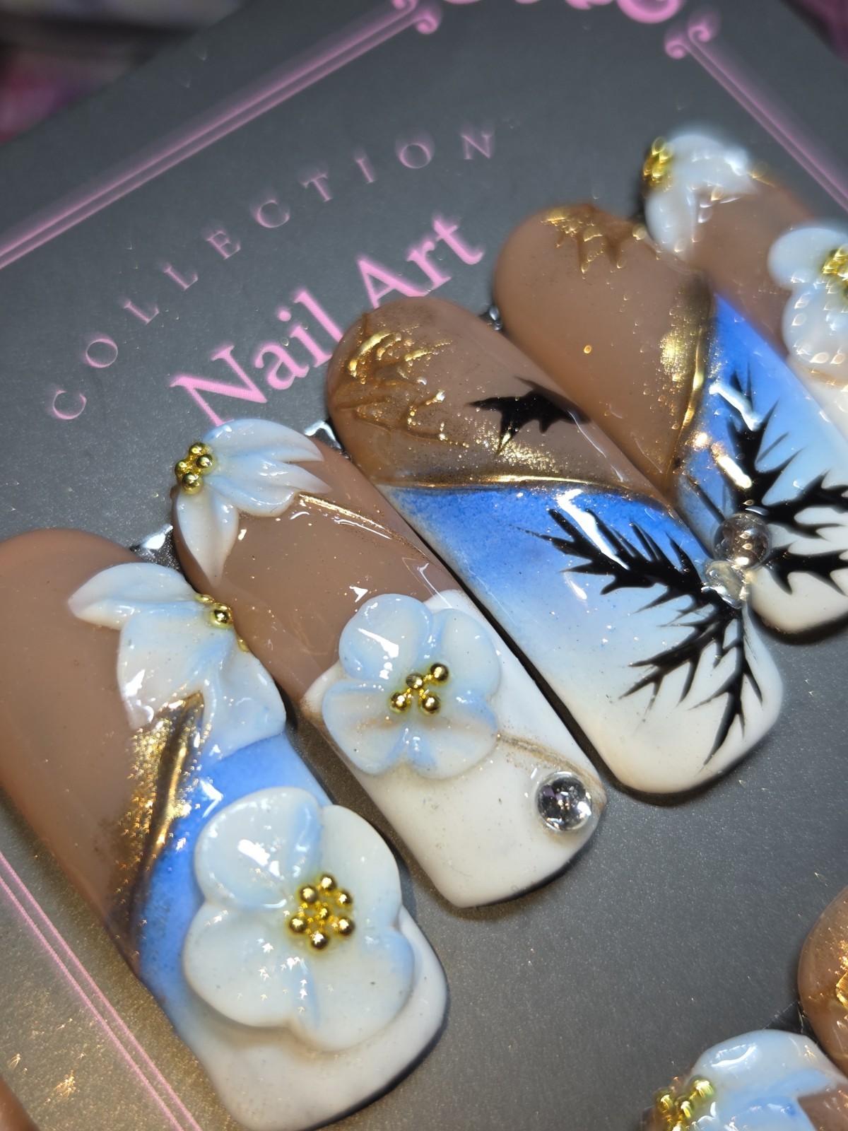 Press-On Nails Handmade medium Curvenails Blue,summertime, Beach,palm Trees