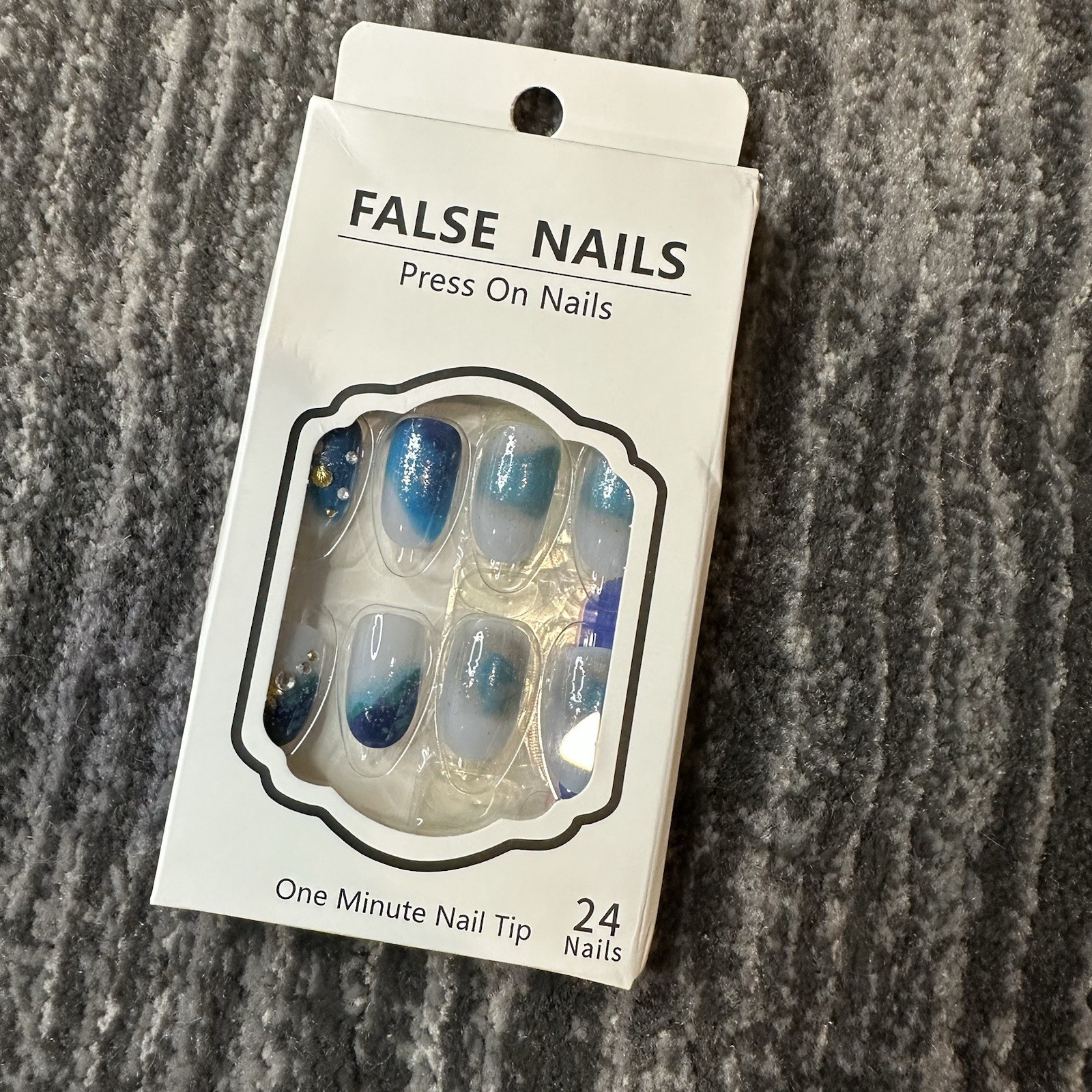 Fake Nails 3D Blue Press On 24 Pack Kit Shell Ocean Gradient Medium Oval New