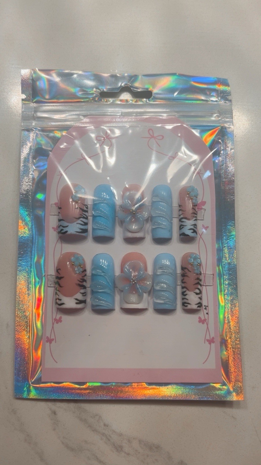 Press-On Nails Medium Square 3D Flower Animal Print Full Cover Blue Nude White