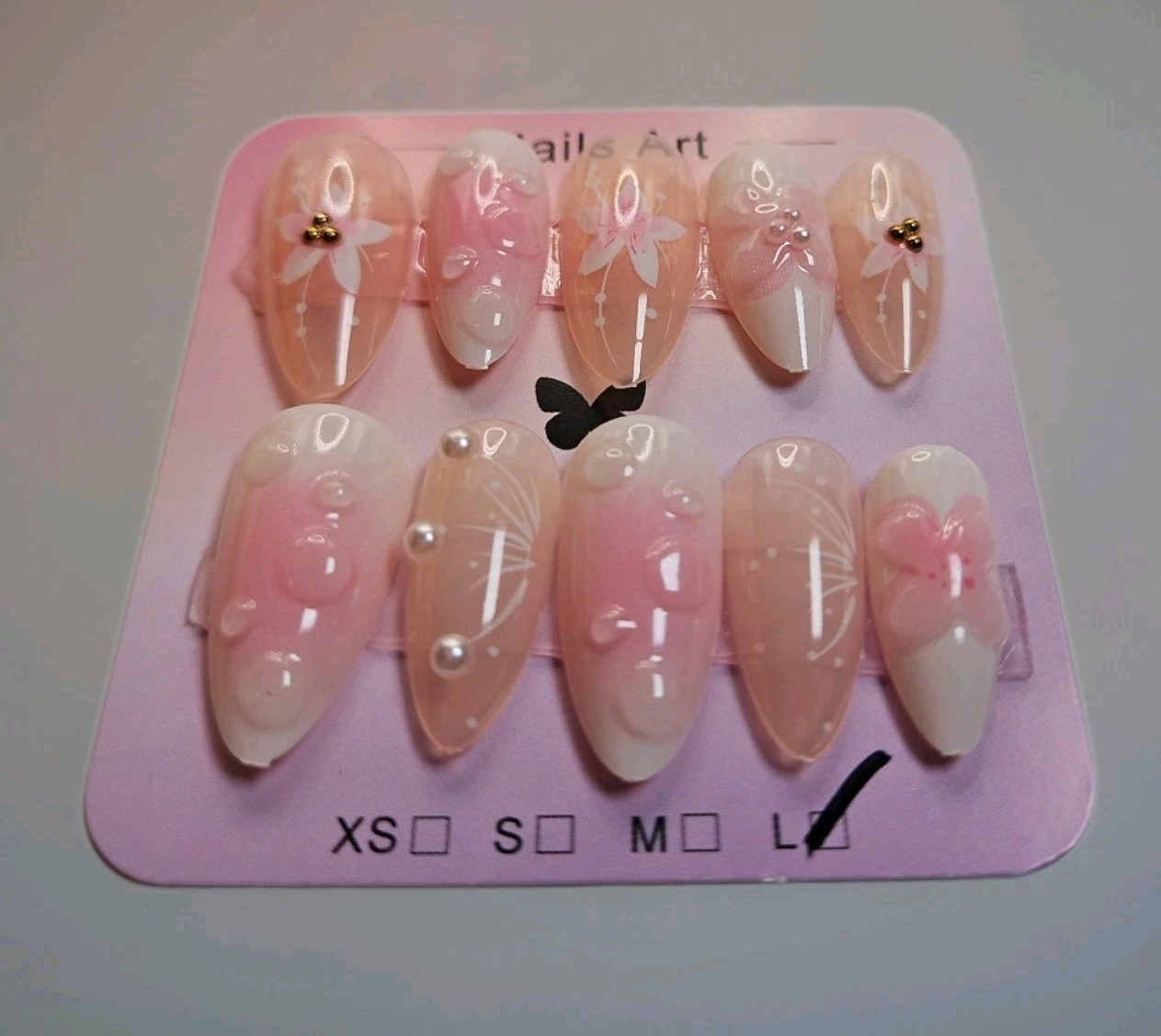 Handmade Acrylic 10 Pink Lg Press-On Nails Pre-Designed Set