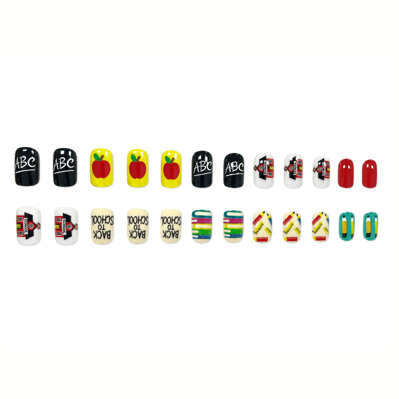 48pcs Short Square Press on Nails, Back To School Apple Pencil Cartoon Nail Art