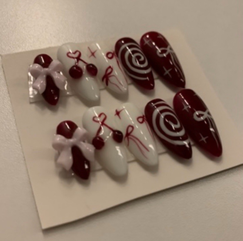 Press-On Nails Red/White Heart 3D Almond Long Full Cover Pre-Designed