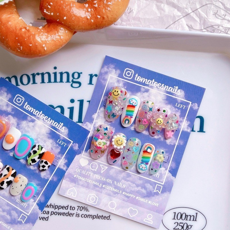 Custom Pure Handmade Nails Glitter Rainbow Flower Heart Cute Girls Manicure