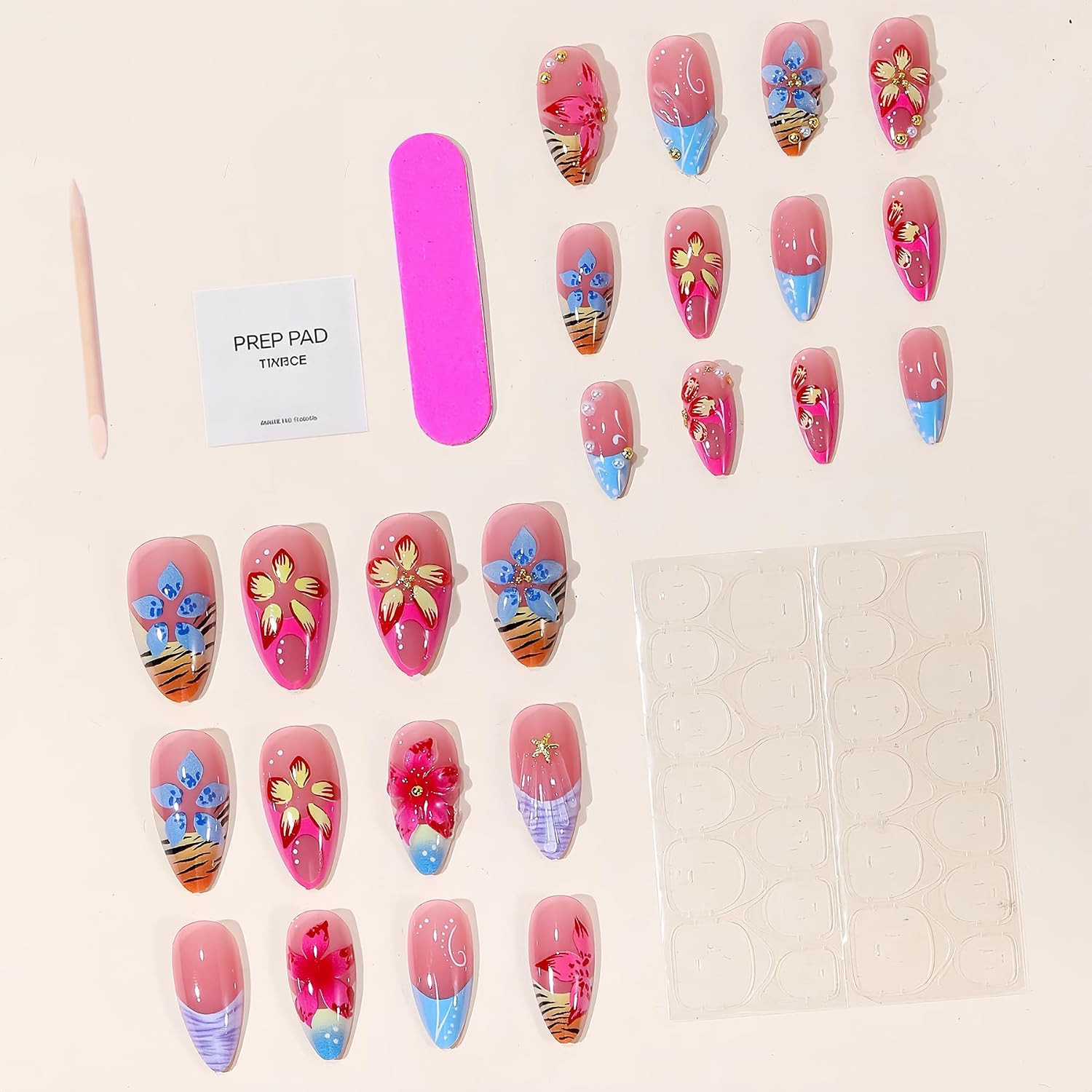 24Pcs Flower Press on Nails Medium Almond Fake Nails with 3D Colorful Floral Gol