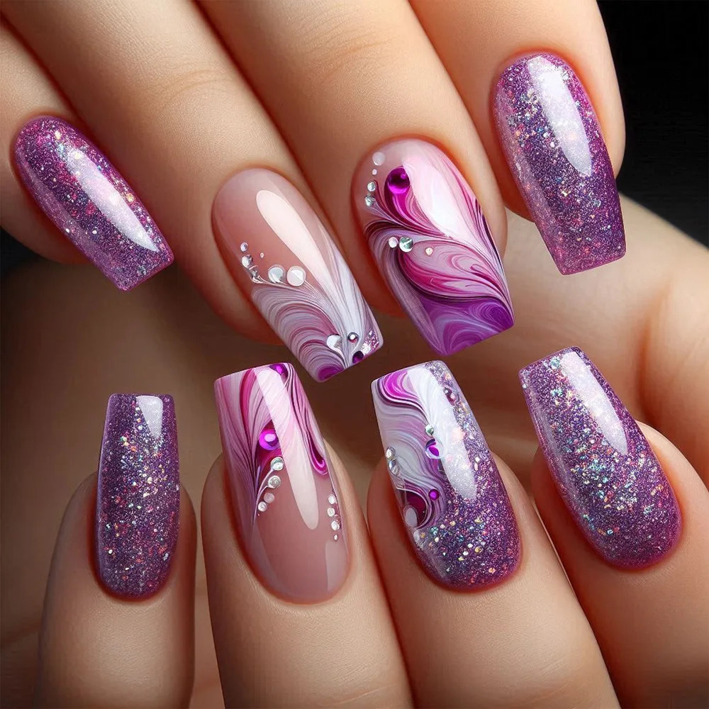 24pcs Short Square Press on Nails Love Stripe French Acrylic Full Cover False