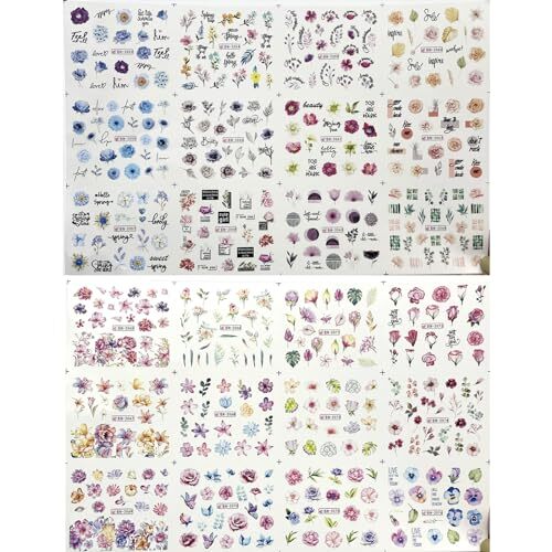 24PCS Floral Nail Stickers Pink Blue Flowers Nail Stickers Water Transfer