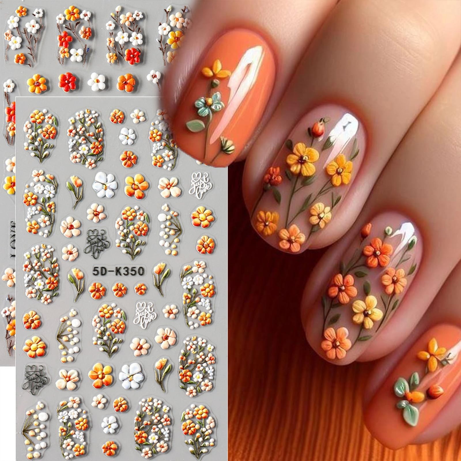 4 Sheets Elegant Spring Flower Nail Multicolour, Green, Orange, Yellow