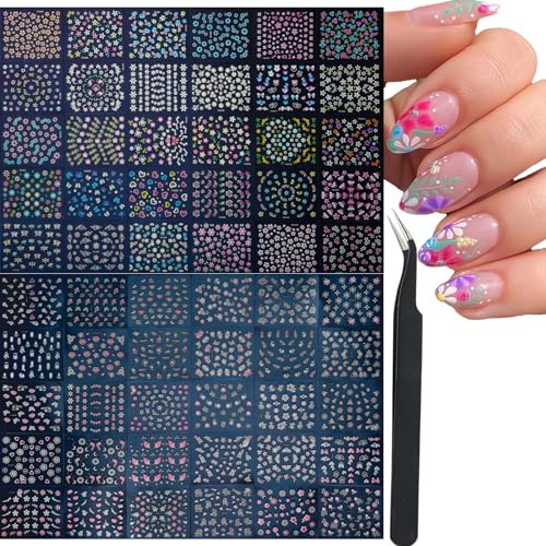 60 Sheets Flowers Nail Art Stickers Decals 3D Self-Adhesive Colorful Flower