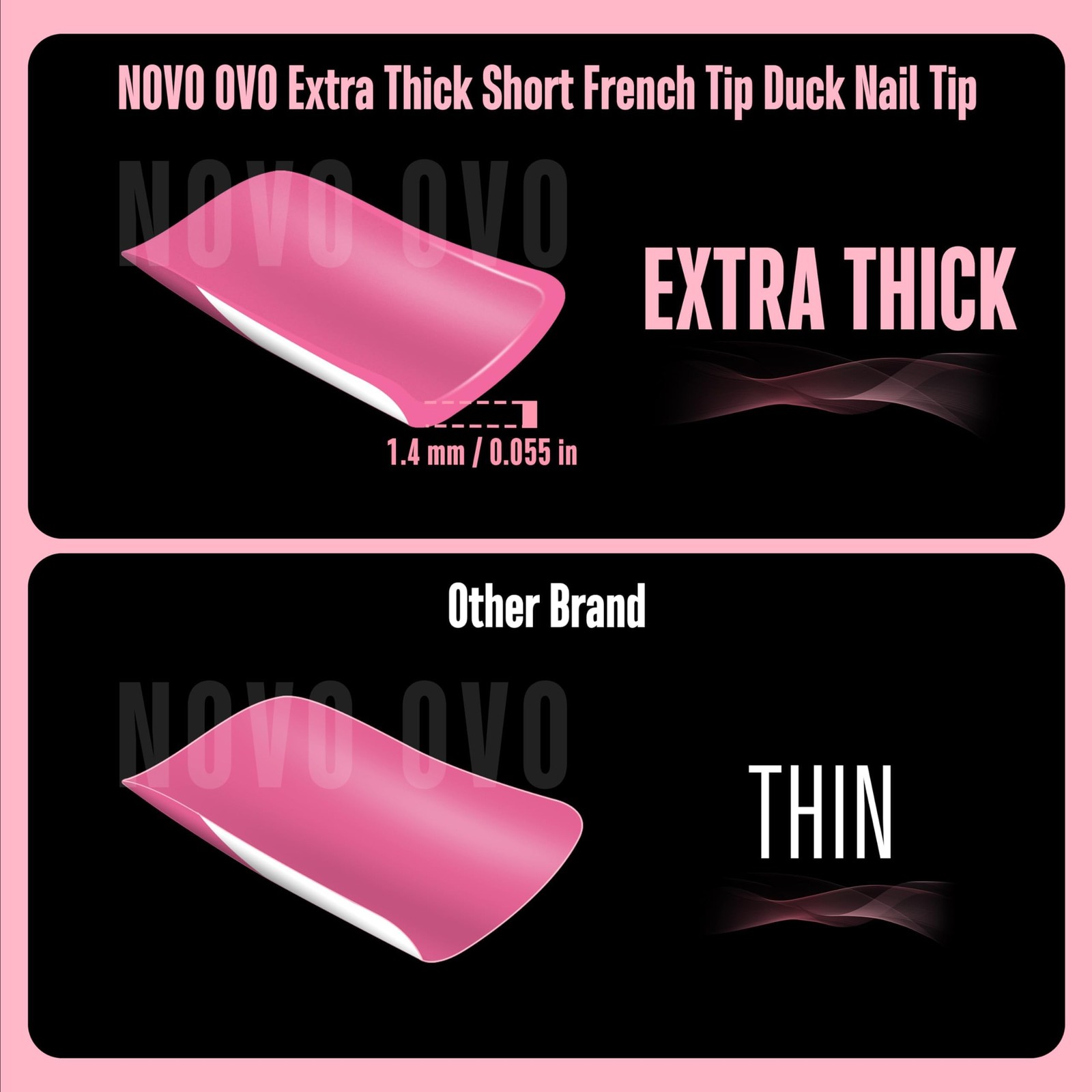NOVO OVO Short Duck Nail Tips French Tip Press On ROSE PINK with Glitter, Sof…