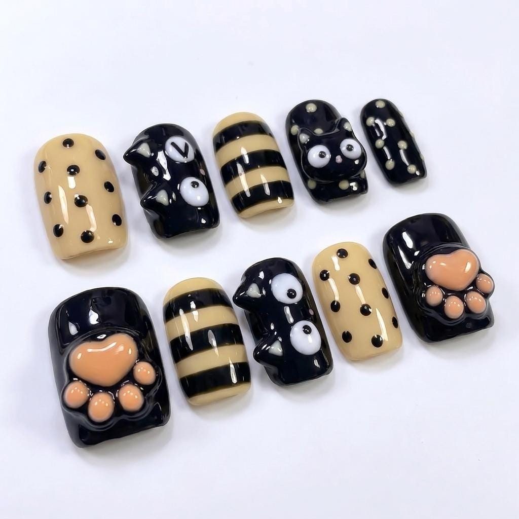 Handmade Custom 3D Black Cat Paw Polka Dot Stripe Square Press on Nails