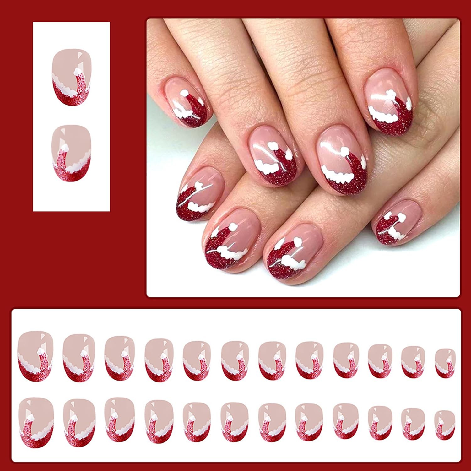 Christmas Press On Nails – Short Oval Nude Pink False Nails With Red Tip Desi…