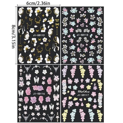 5D Embossed Flower Nail Stickers – Acrylic Carved Rose & Butterfly Nail Art