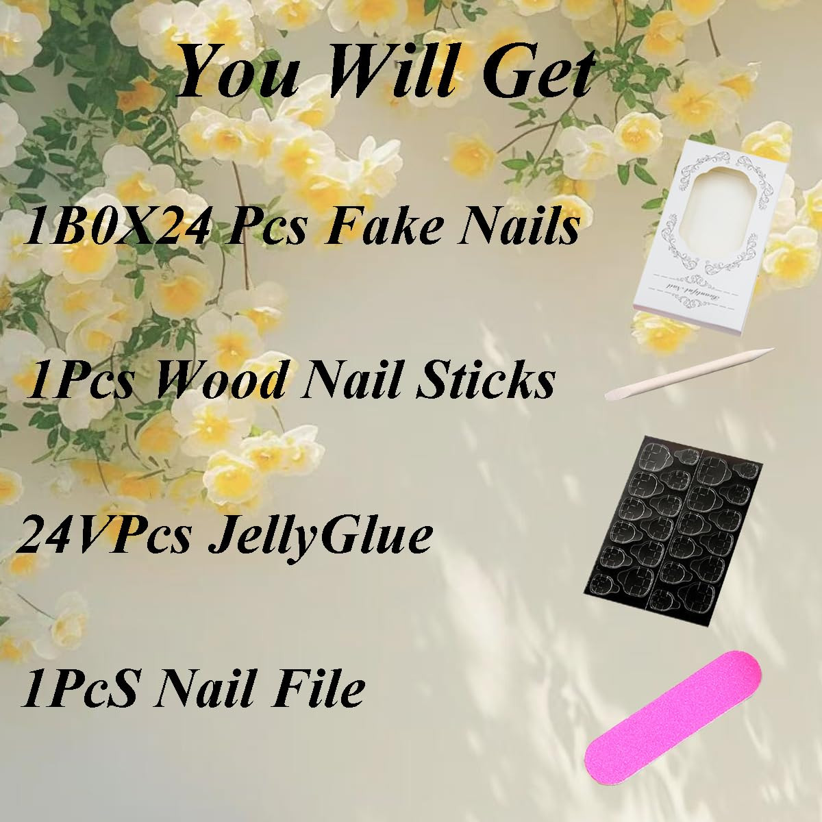 24Pcs French Tips Press on Nails Long Almond Fake Nails 3D Flower False Nails Pu
