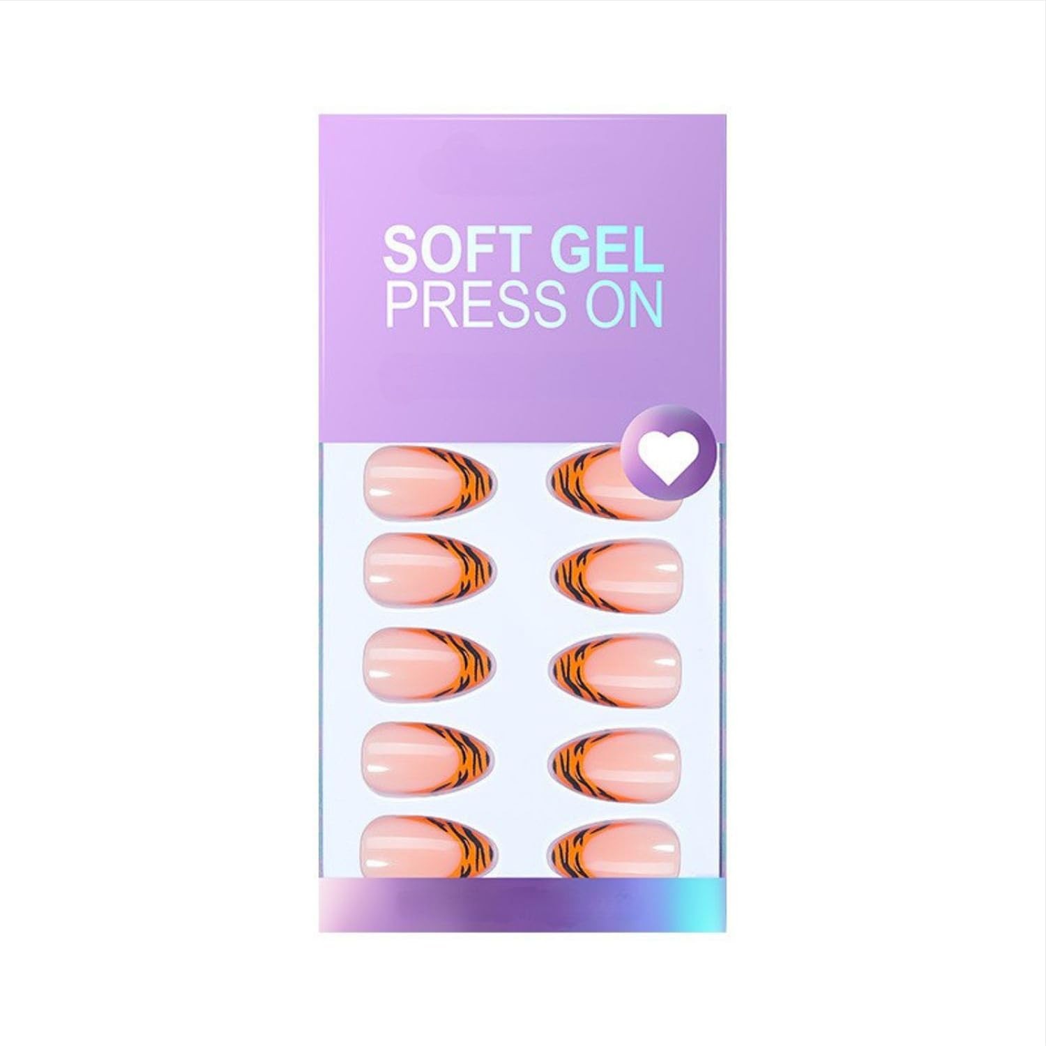 French Tip Press on Nails Short Almond Fake Nails with Orange French Tip Leop…