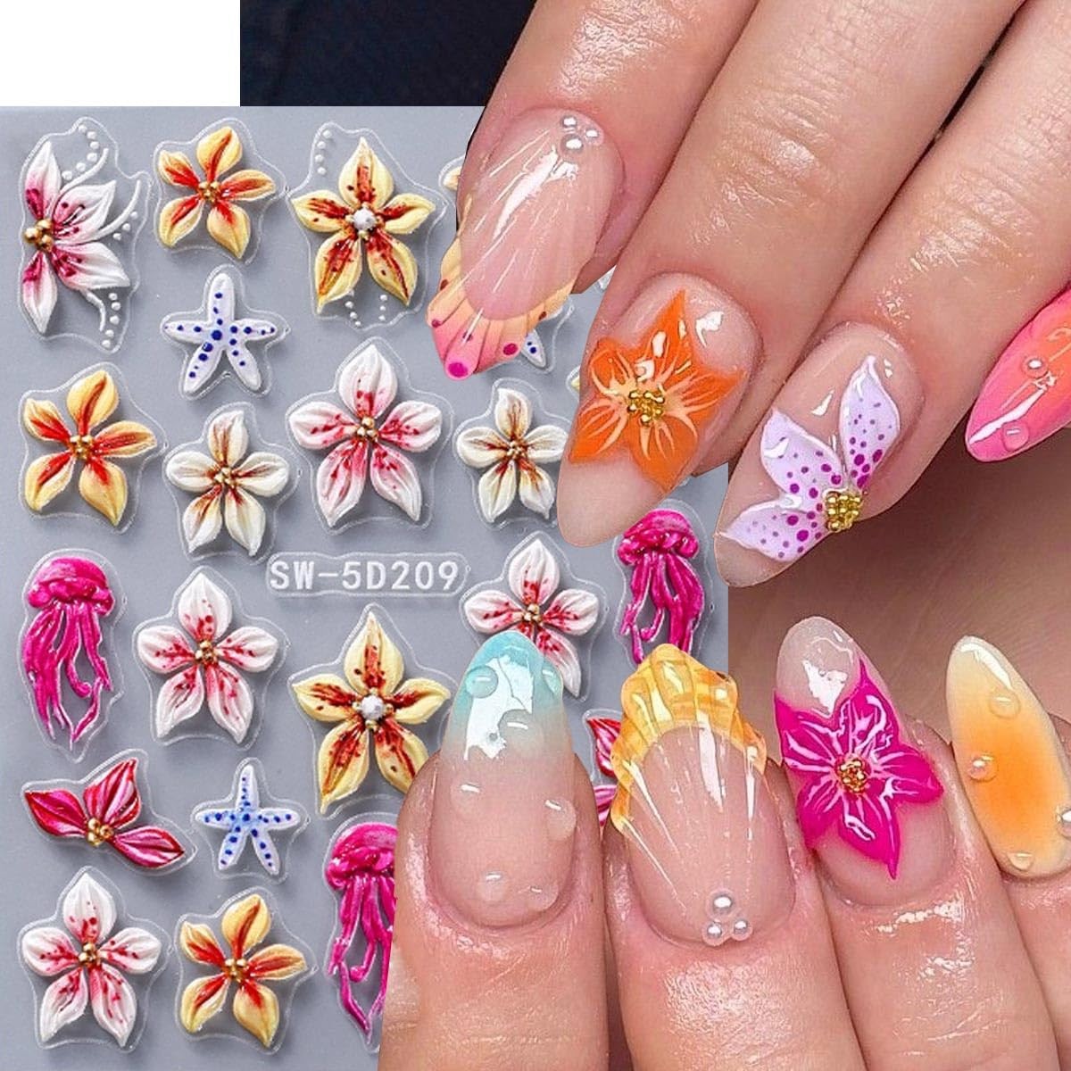 5D Embossed Ladybug Bee Nail Stickers Flower Nail Decals Daisy Nail Art Stick…