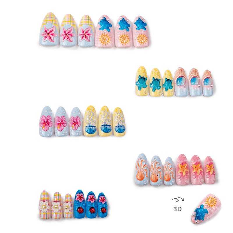 60Pcs Ocean Animal Press on Nails, Medium Almond 3D Turtle Jellyfish Fake Nails