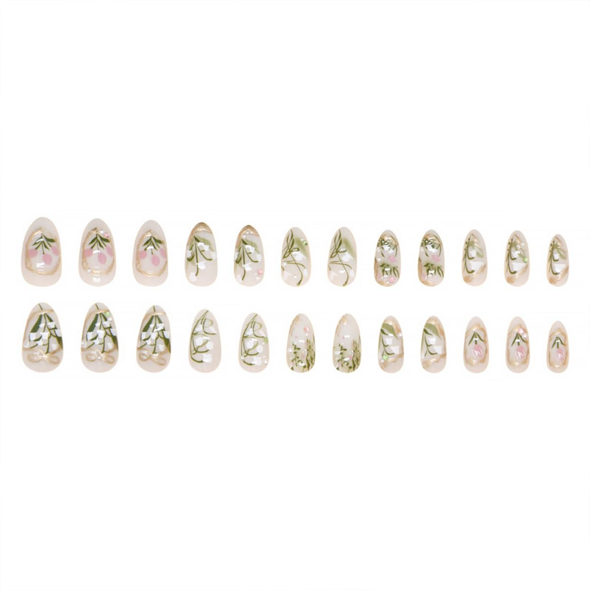 24Pcs Green Press on Nails Medium Almond Fake Nails 3D Pearl Rhinestones Design