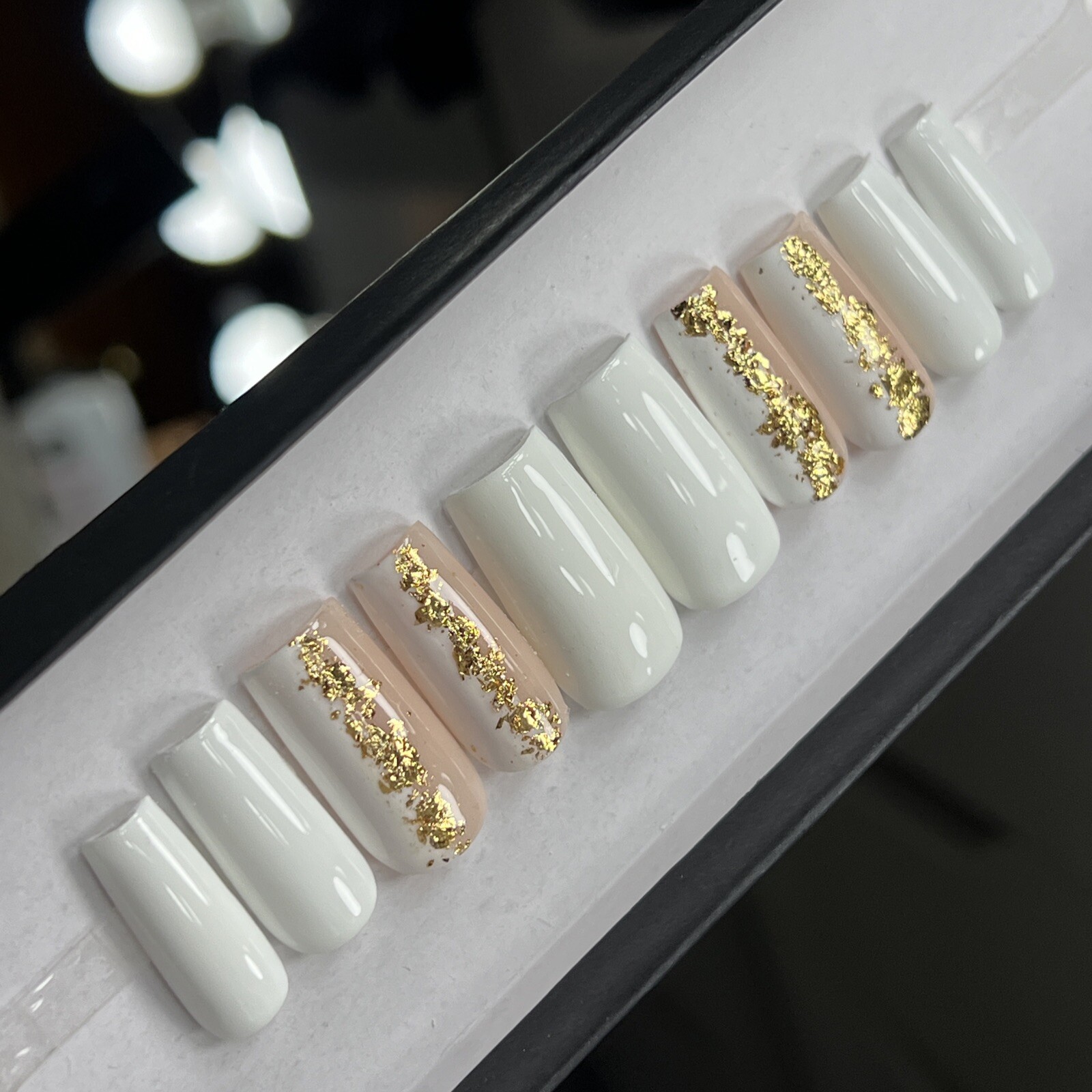 🤍 CUSTOM Gel Press On Nails, White Gold Flakes 10p FULL SET W Kit Square M