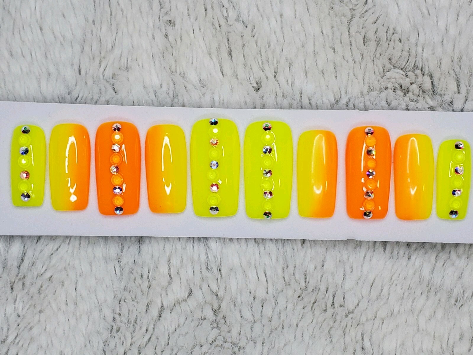 Neon Rainbow ombre bling w/crystals Gel Press On nails square orange yellow