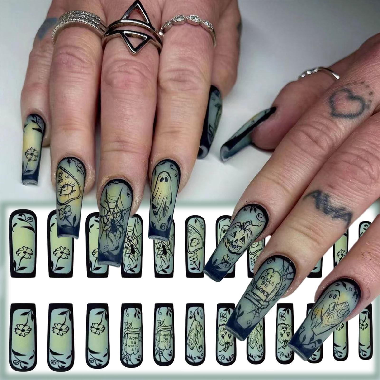 Evil Eye Halloween Nails – 24pc Cute Ghost Flower Vines Glue On Set – Matte B…